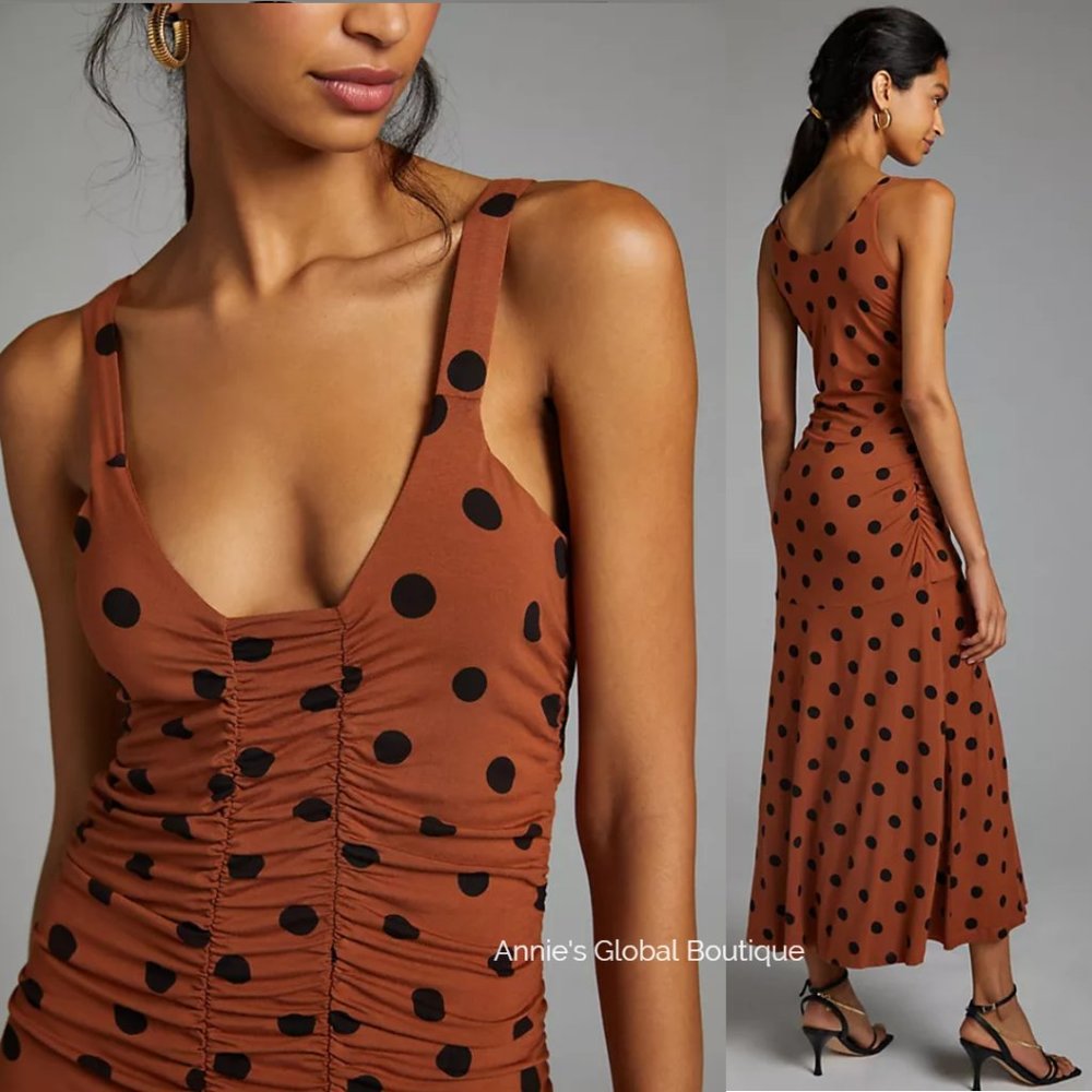 RARE NWT ANTHROPOLOGIE Maeve Ruched Polka Dot Midi Dress. Size L - Picture 7 of 16